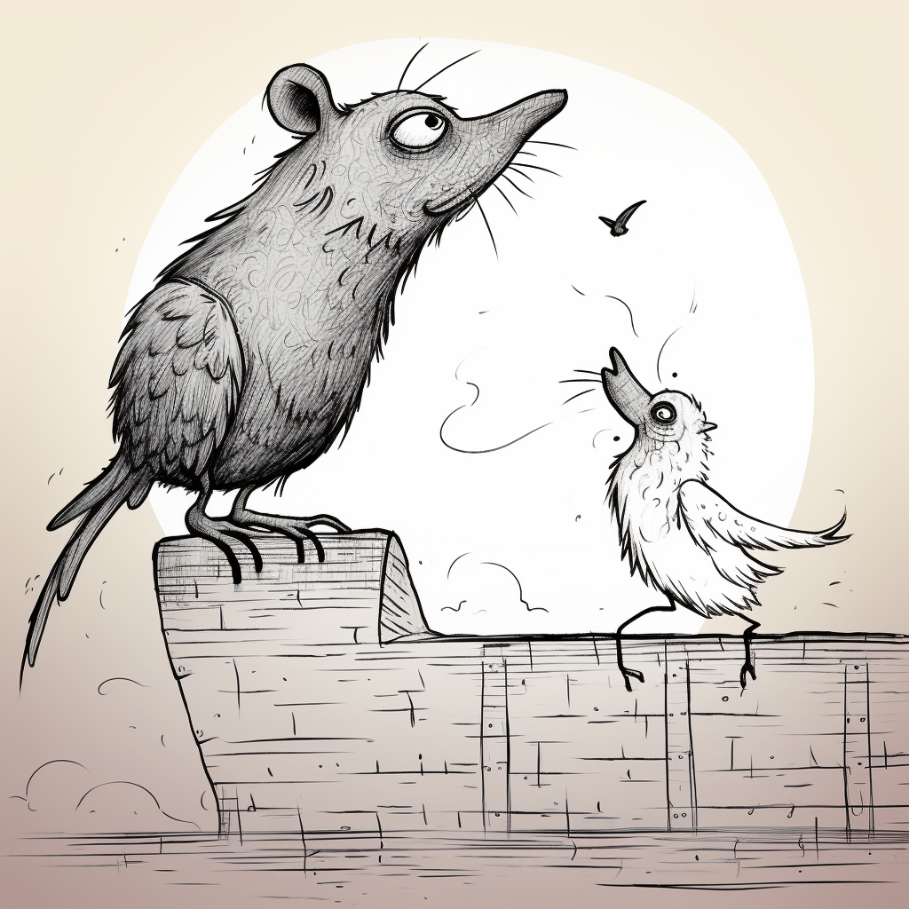 Funny surreal cartoon pigeon and rat