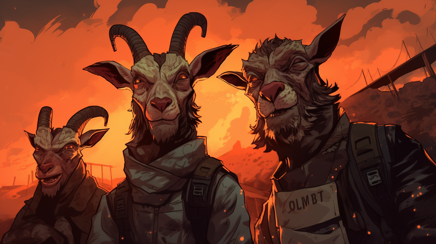 Funny cartoon of tough goat-like men in apocalyptic background