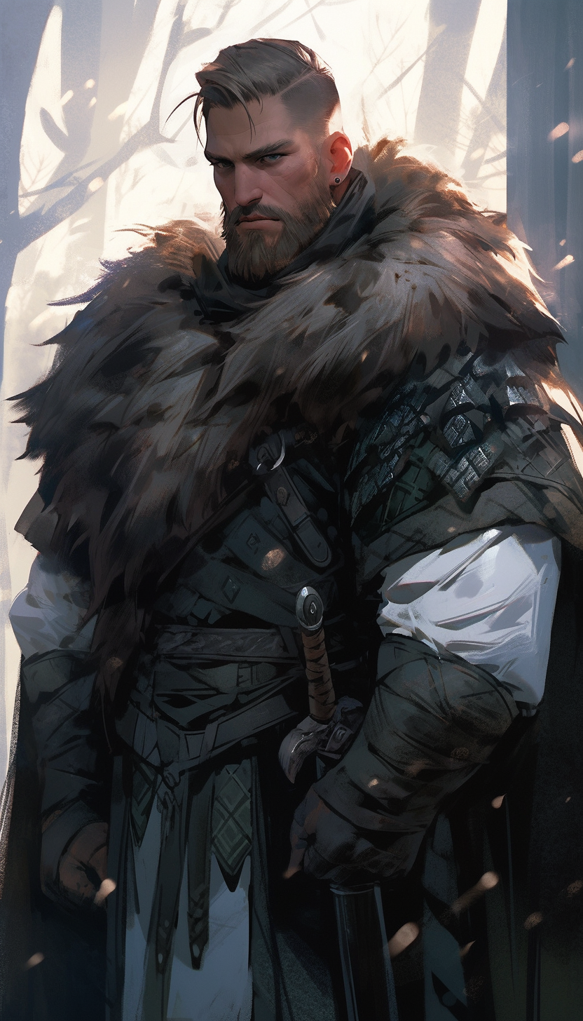 Full body image of a viking warrior wearing fur boots