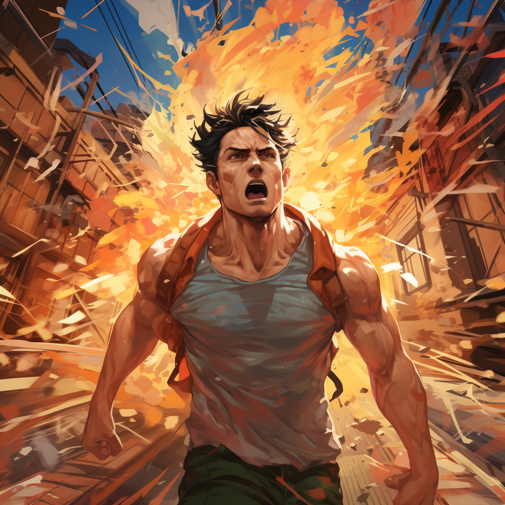 Muscular anime man running in hellish brick backdrop