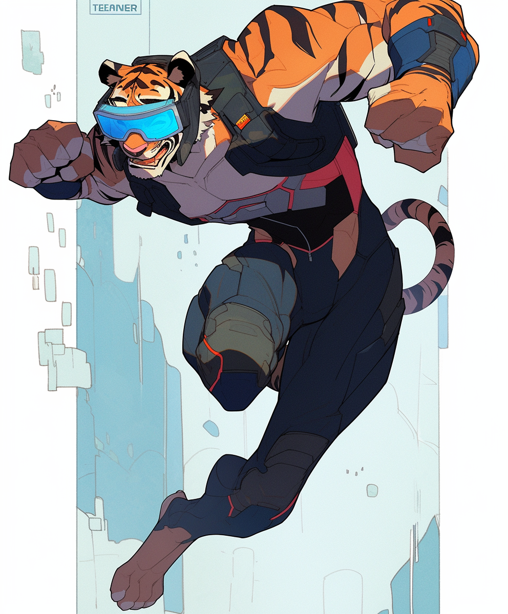 Running male furry tiger superhero with goggles