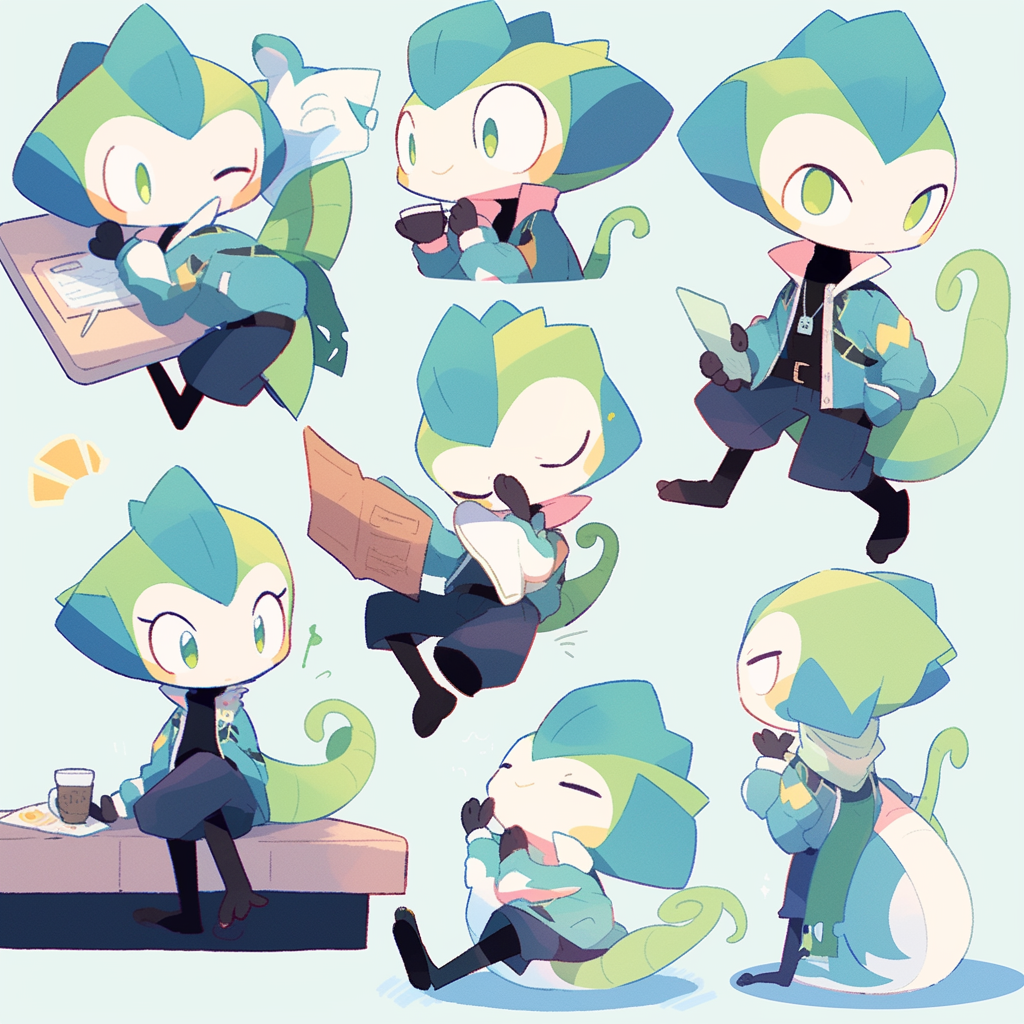 Adorable furry lizard anthropomorphic character in various poses