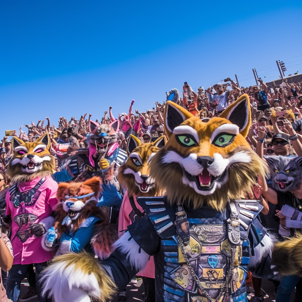 Colorful furry raver festival crowd