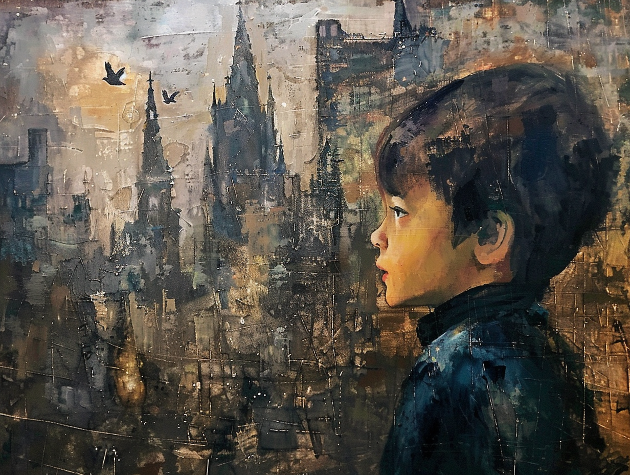 Child in front of cathedral painting