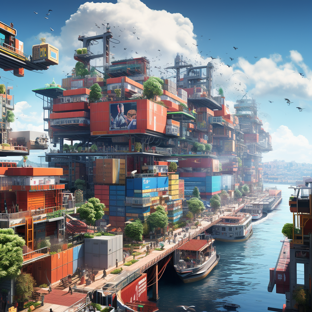 Futuristic city on container ship