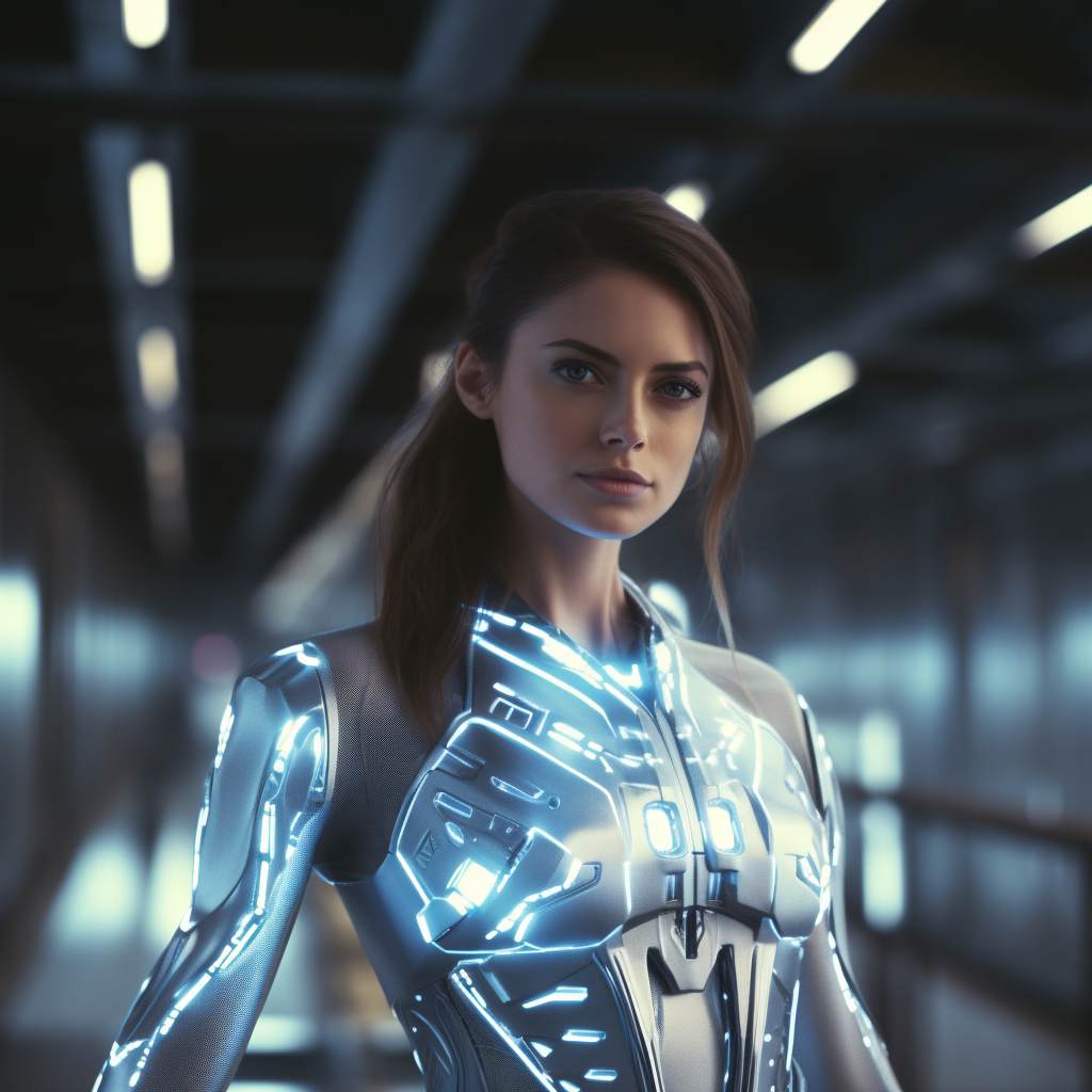 Attractive female cyborg on futuristic spaceship