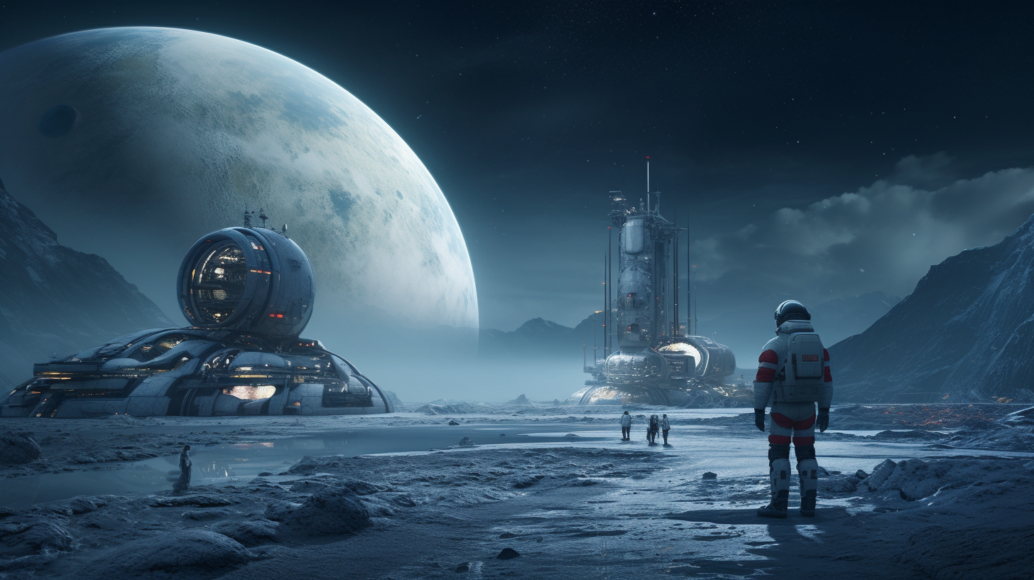 Soldier walking on moon base in futuristic sci-fi scene