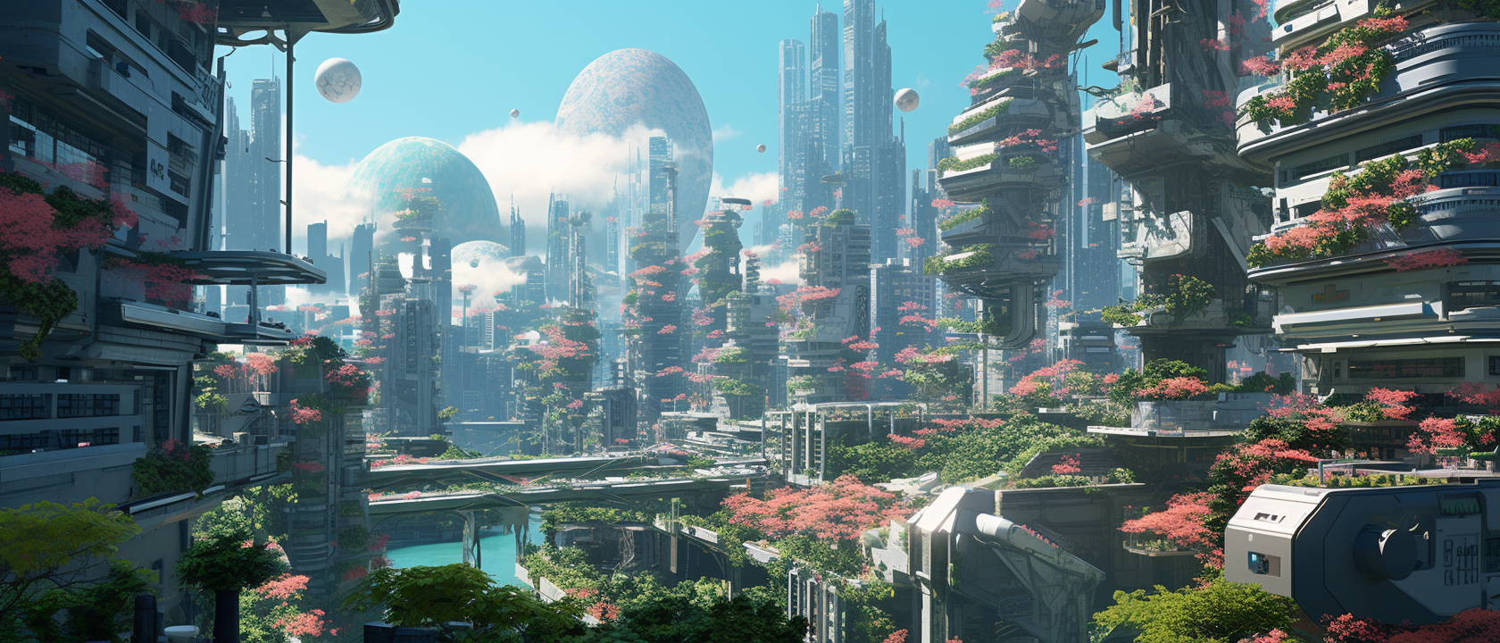 Beautiful futuristic anime cityscape with solar punk elements