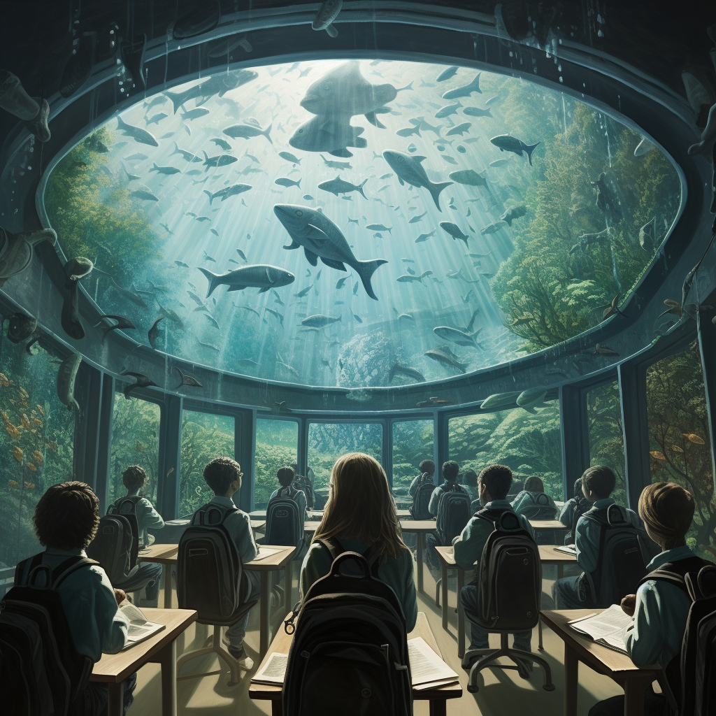 Surreal future classroom with sustainable ecological creatures