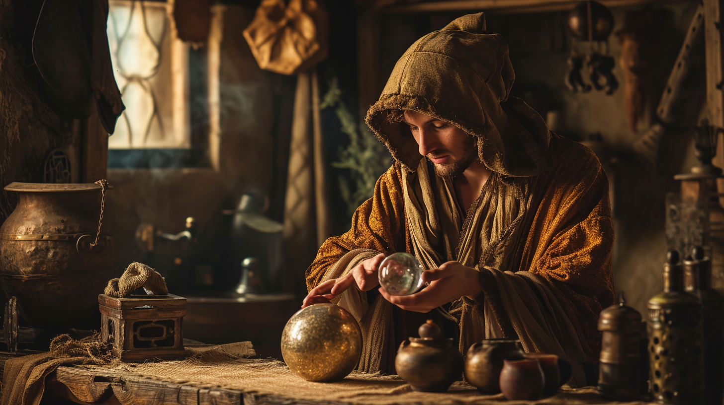 Fortune teller with crystal ball in epic medieval setting