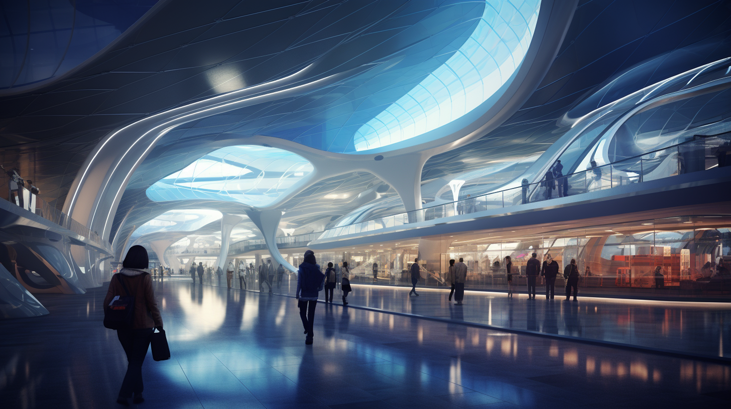 Futuristic transportation terminal with travelers boarding