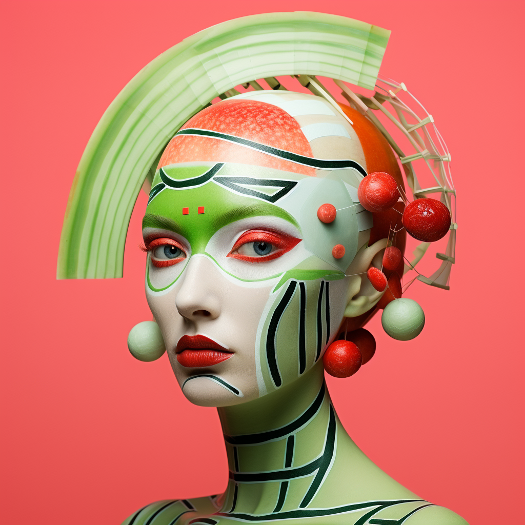 Abstract watermelon supermodel face with cucumber and green onion headpiece