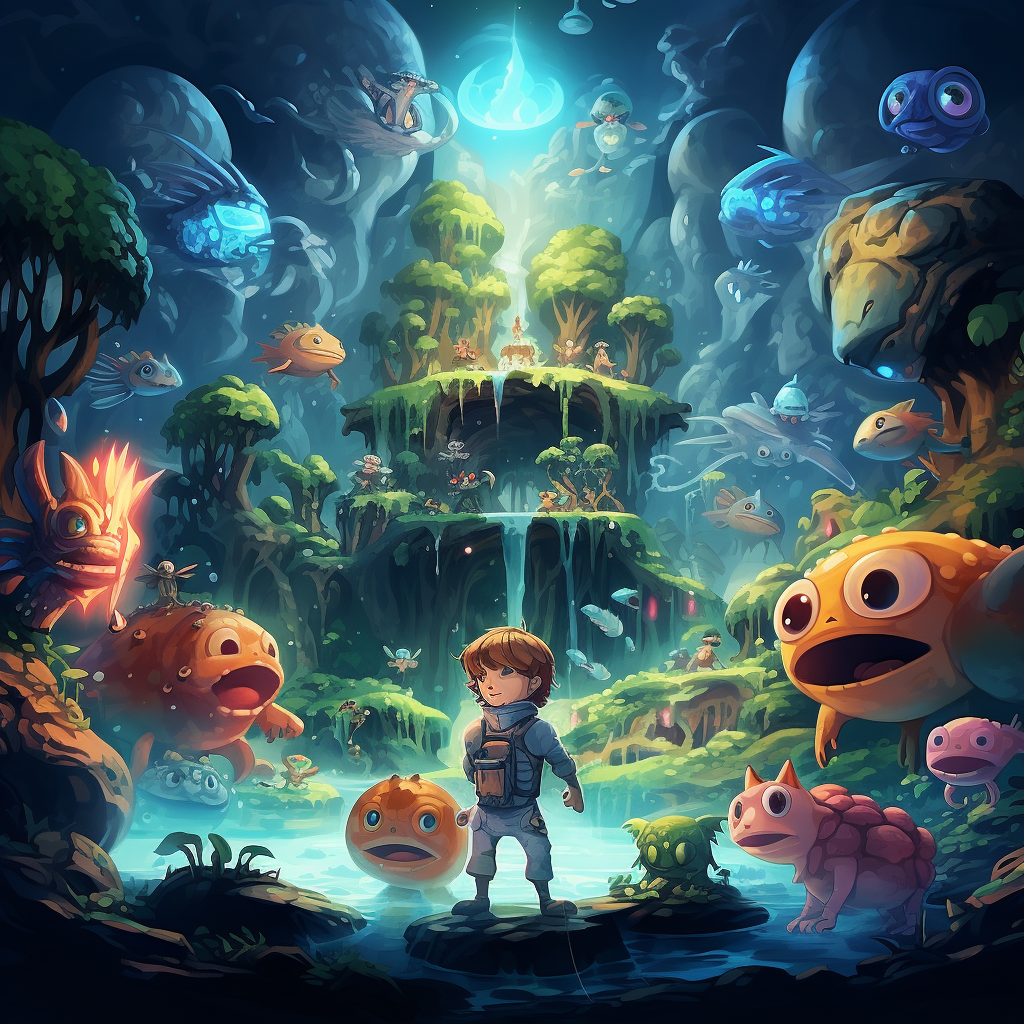 Cute creatures in futuristic forest