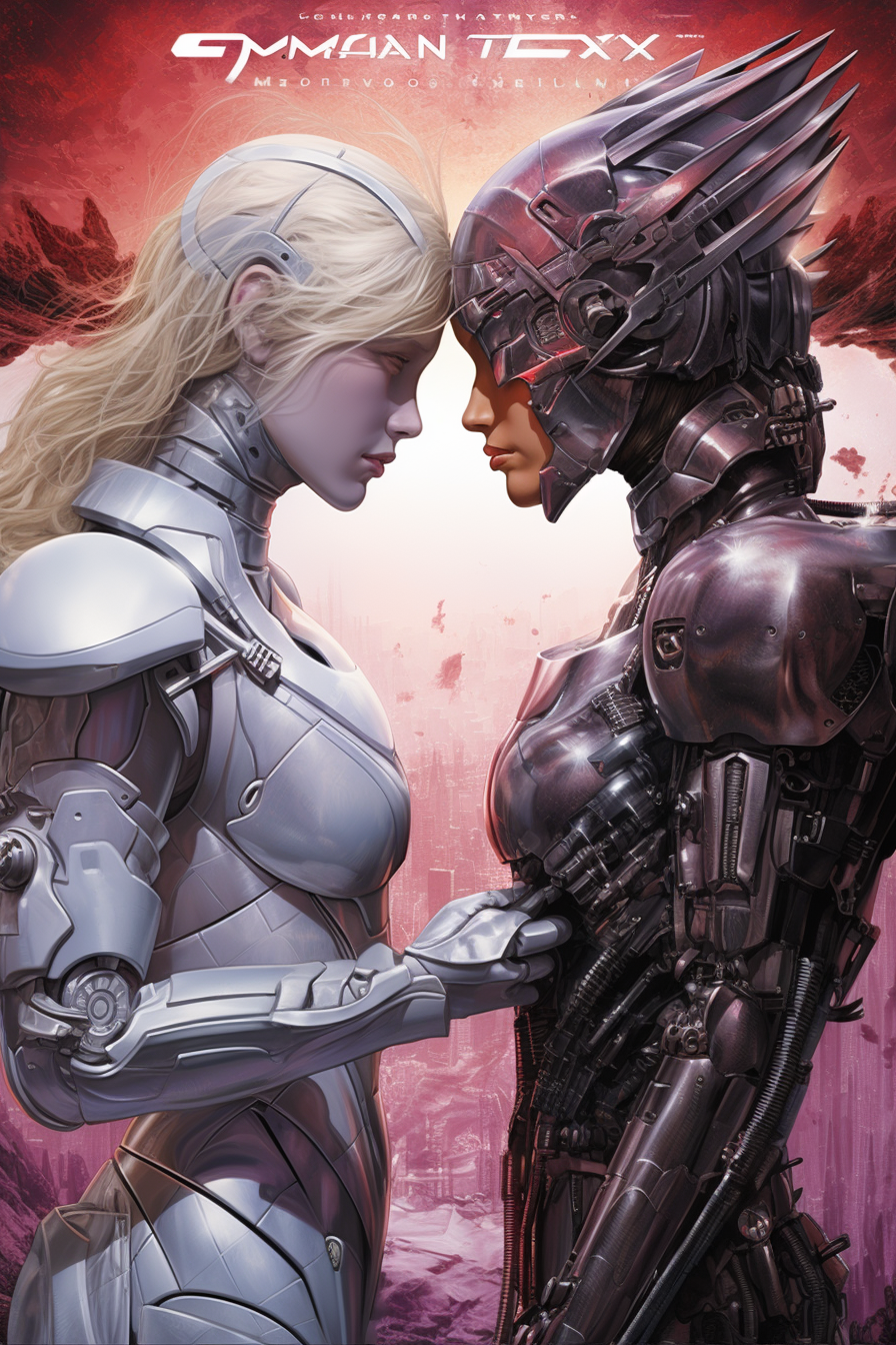 Futurist Poster with Grey Angel and Cyborg Kissing