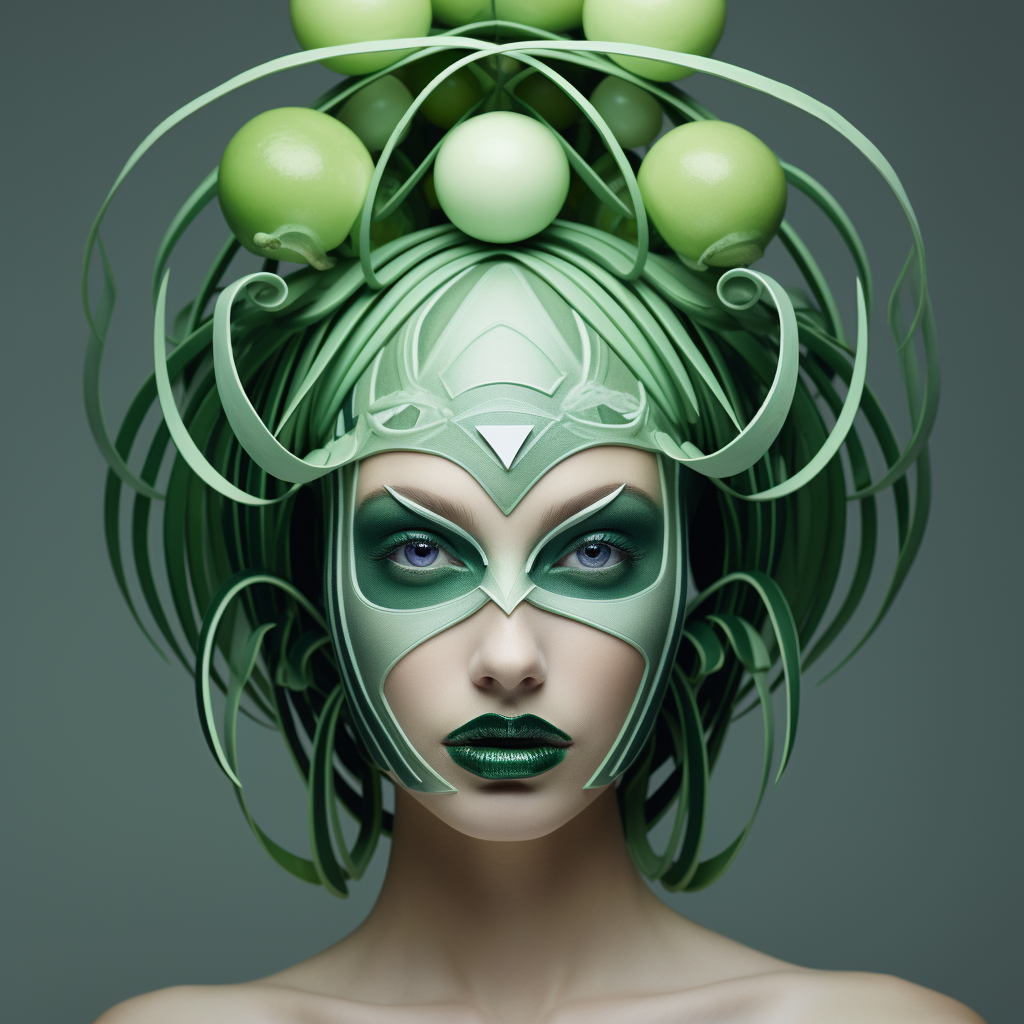 Futurist supermodel with green fruit headpiece