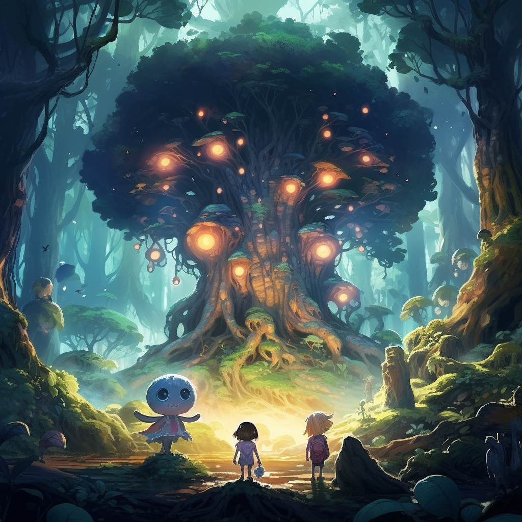 Illustration of cute creatures protecting a giant spirit tree