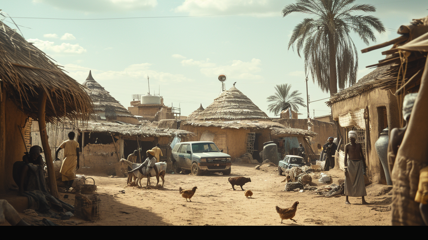 African futuristic village aerial shot