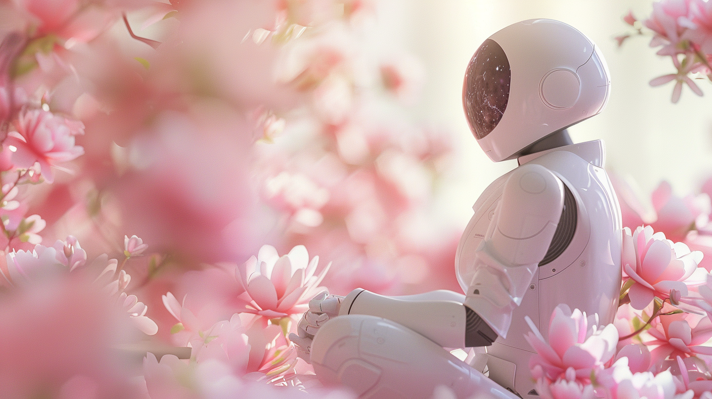 sleek futuristic chatbot surrounded by pink flowers