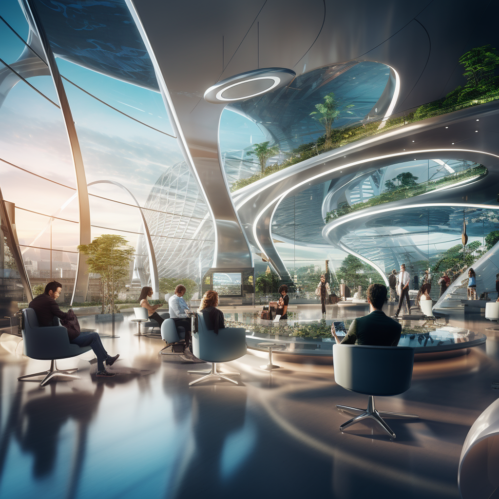 Futuristic airport lounge with people and airplanes