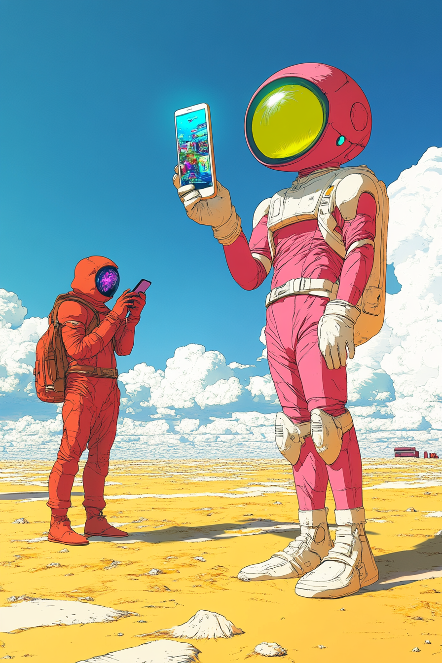 Futuristic alien holding phone on sand