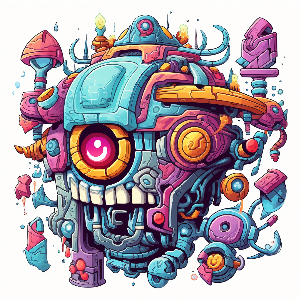 Futuristic ancient artifacts sticker in vibrant colors