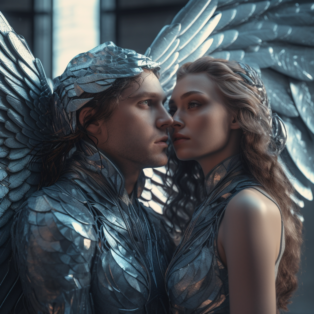 Photorealistic futuristic angel couple flight