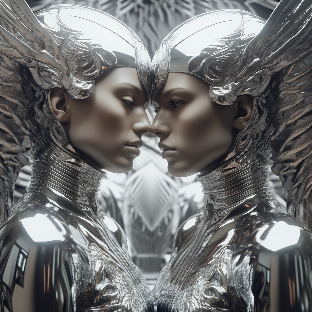 Photorealistic futuristic chrome angels flying