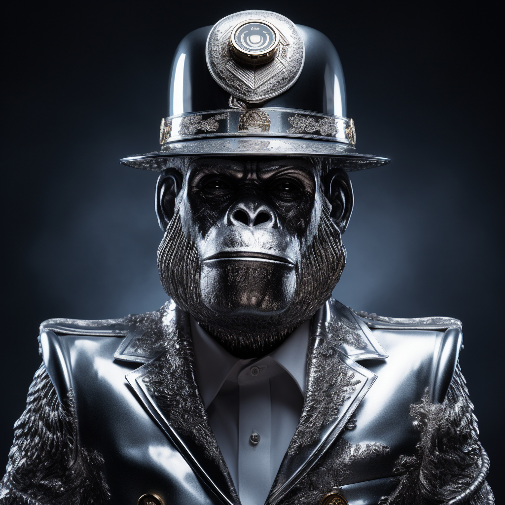 Futuristic ape wearing silver baker boy hat