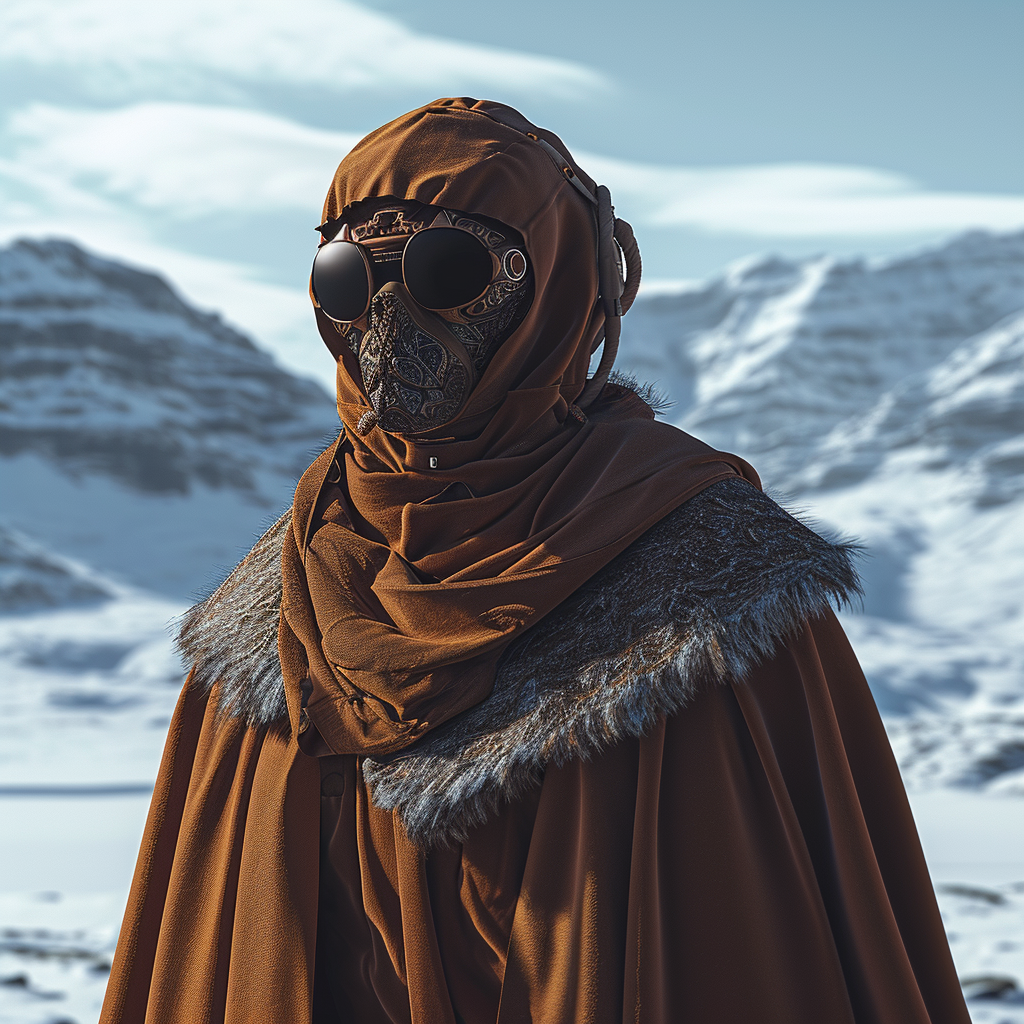 Futuristic Arabic Man in Brown Robes with Fur Trim