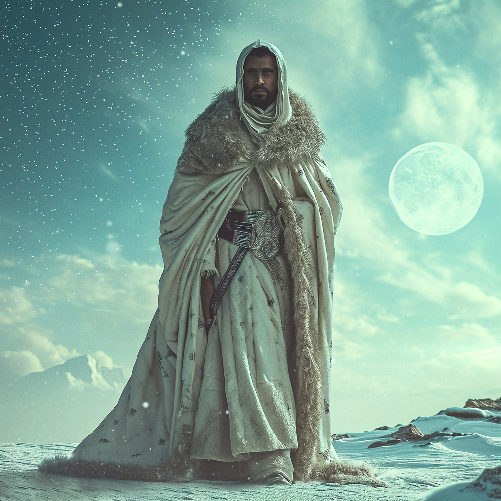 Arabic man in futuristic robes with fur