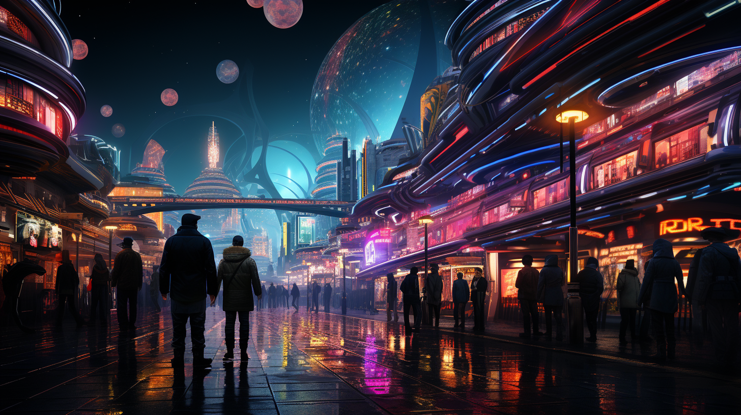 Futuristic Arcade People Walking Neon