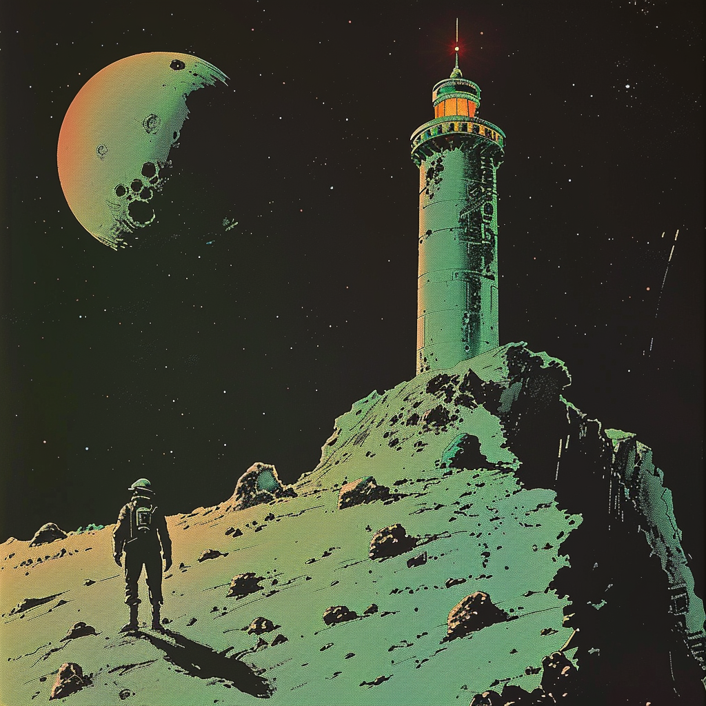 Astronaut overlooking asteroid lighthouse