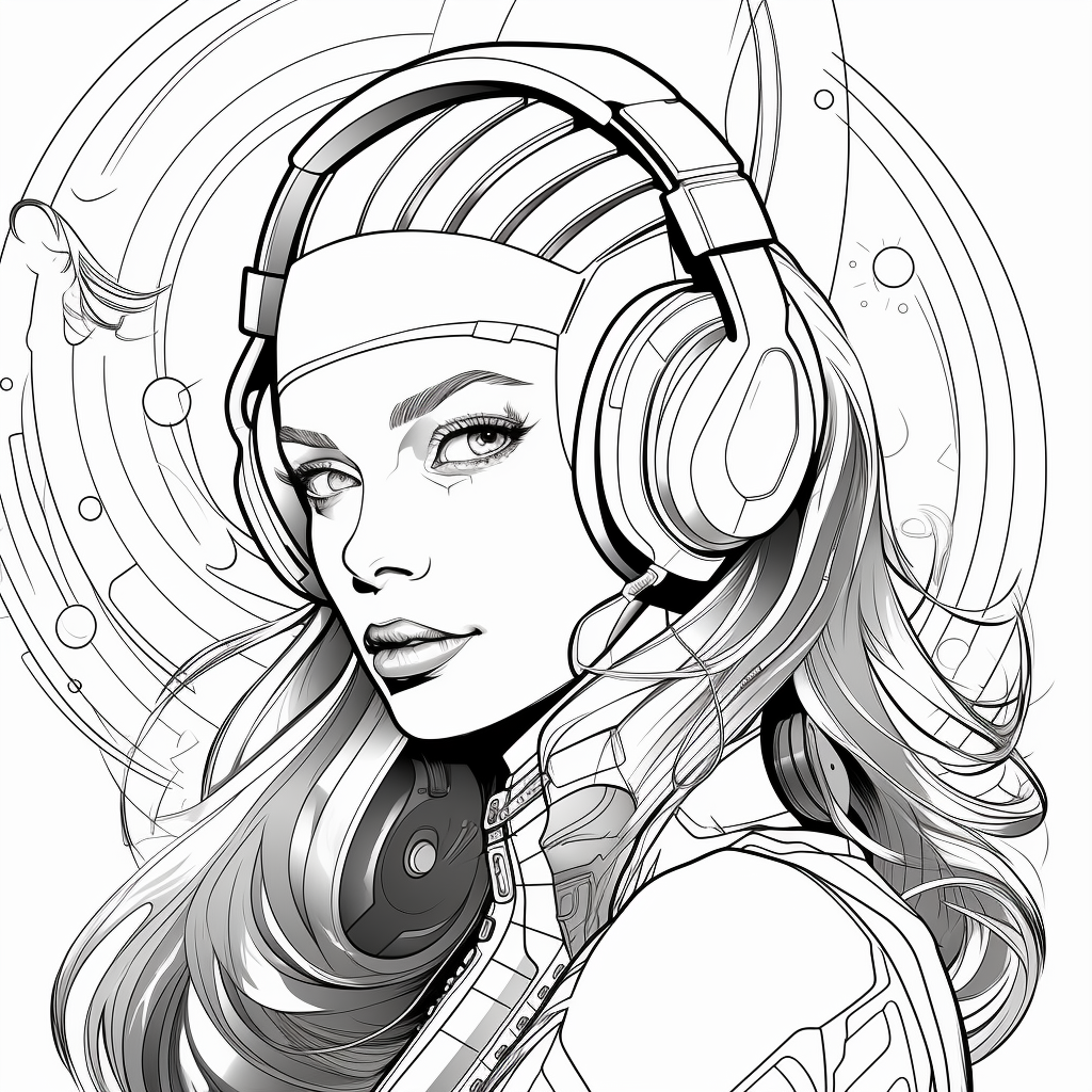 Coloring page of futuristic woman with headphones