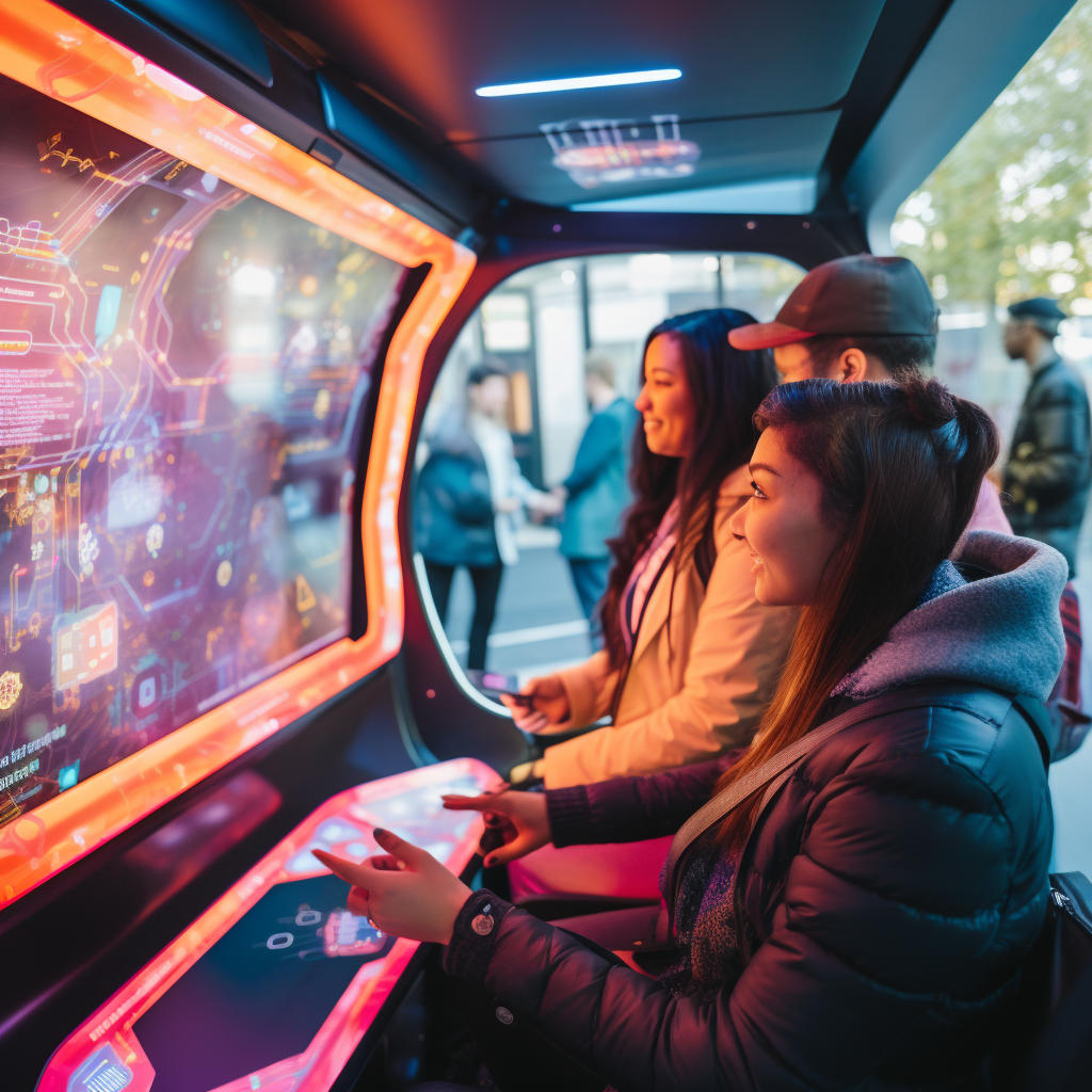 Commuters playing games inside futuristic autonomous bus in London.