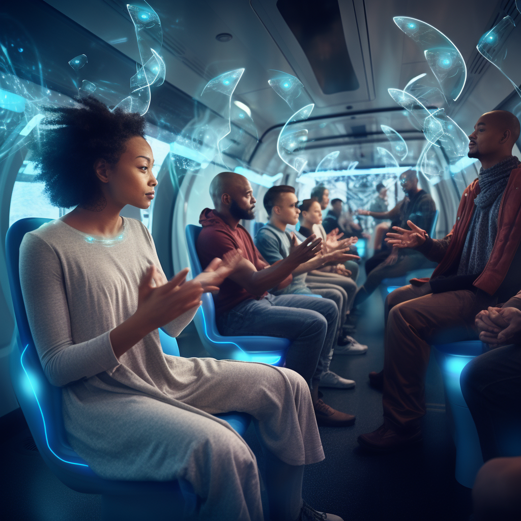 Commuters meditating on futuristic bus in London