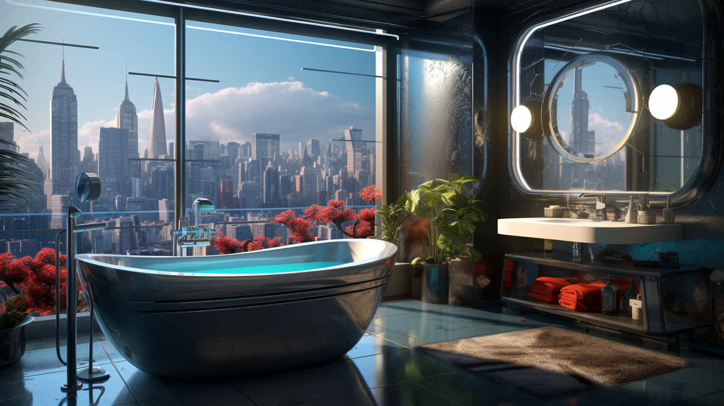 Futuristic bathroom with sunrays and cyberpunk city view