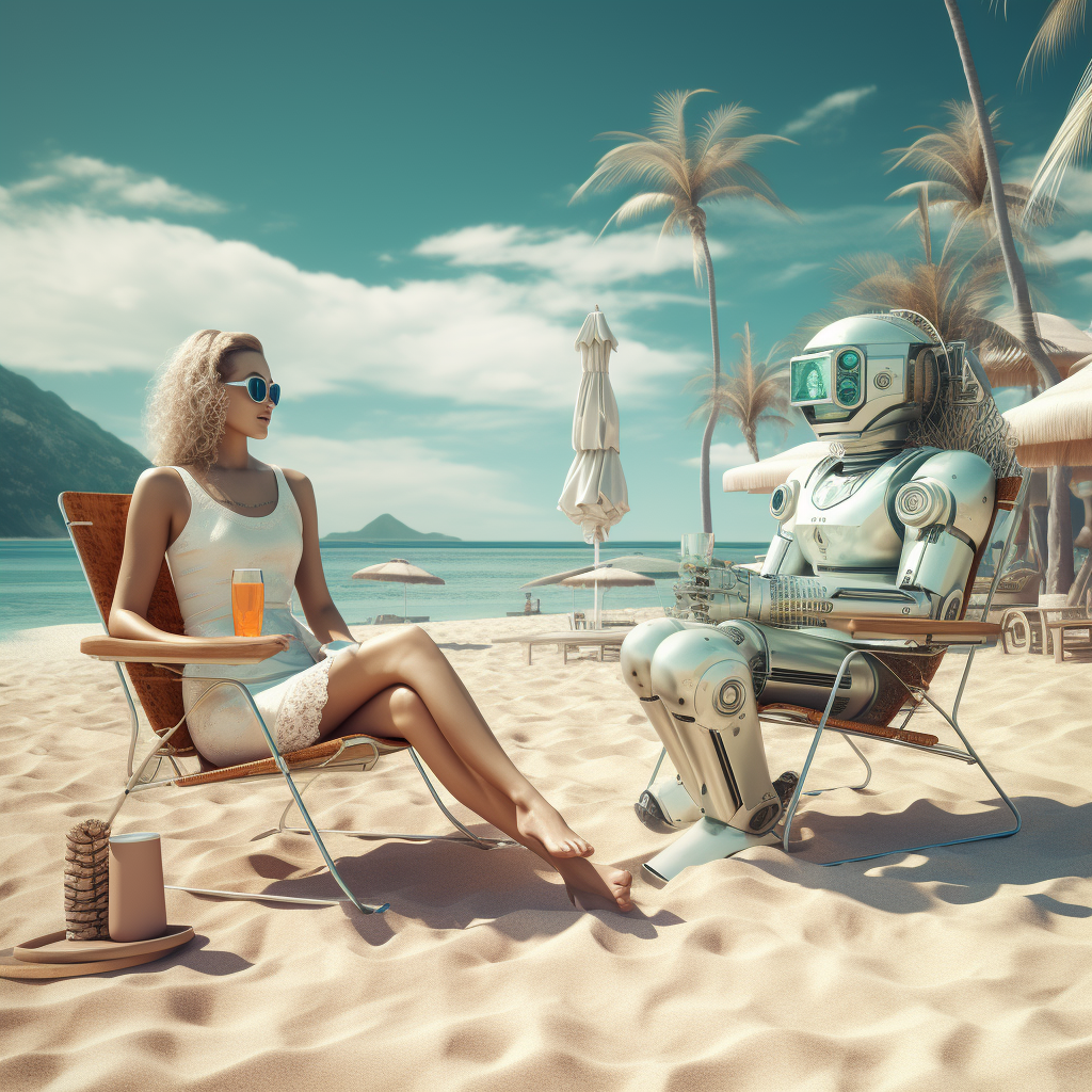 Futuristic beach vacation with robots and technology