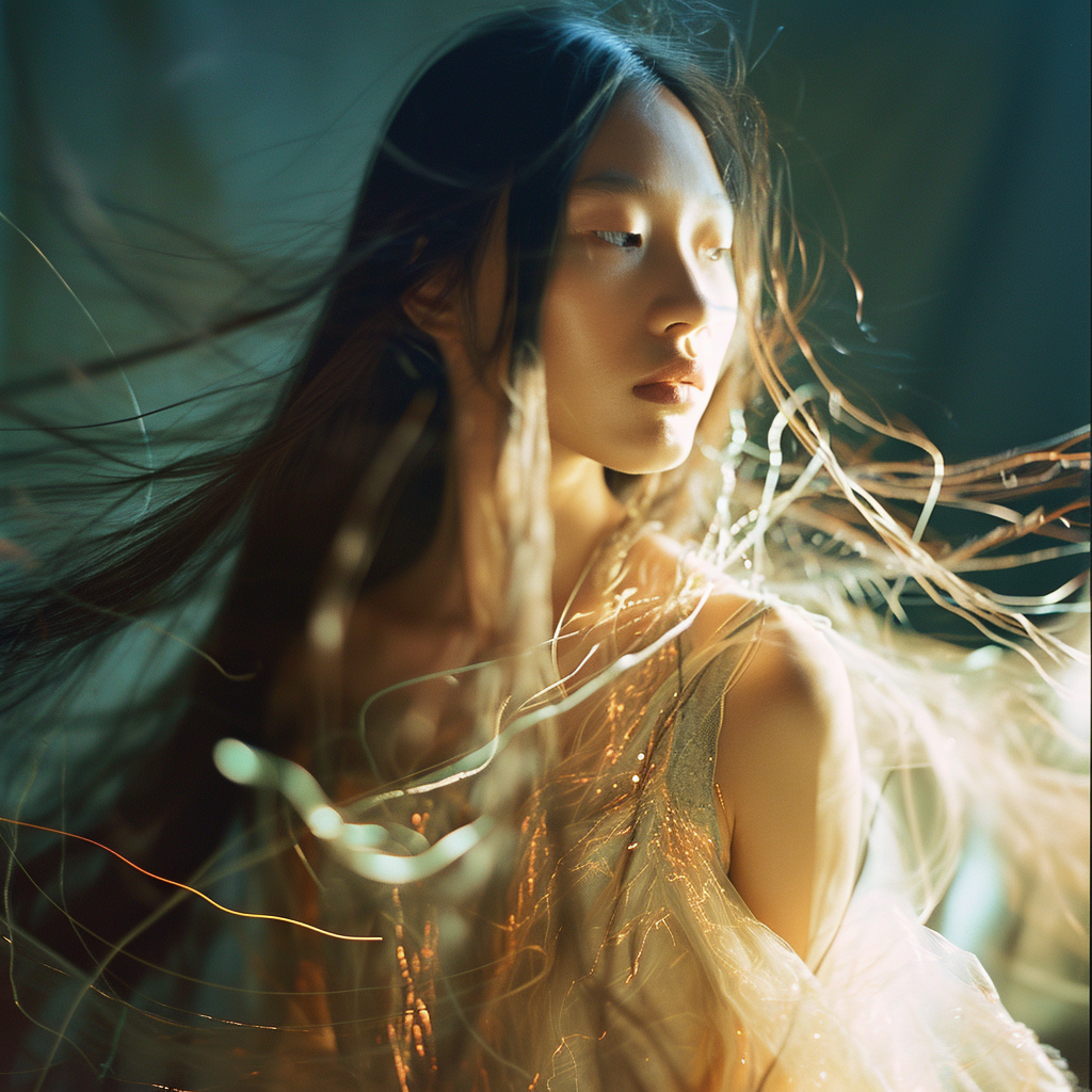 Asian woman in futuristic dress with crystals and sparks