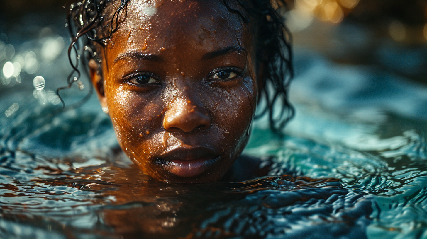 Cyborg Black Girl Floating in Mercury Pool