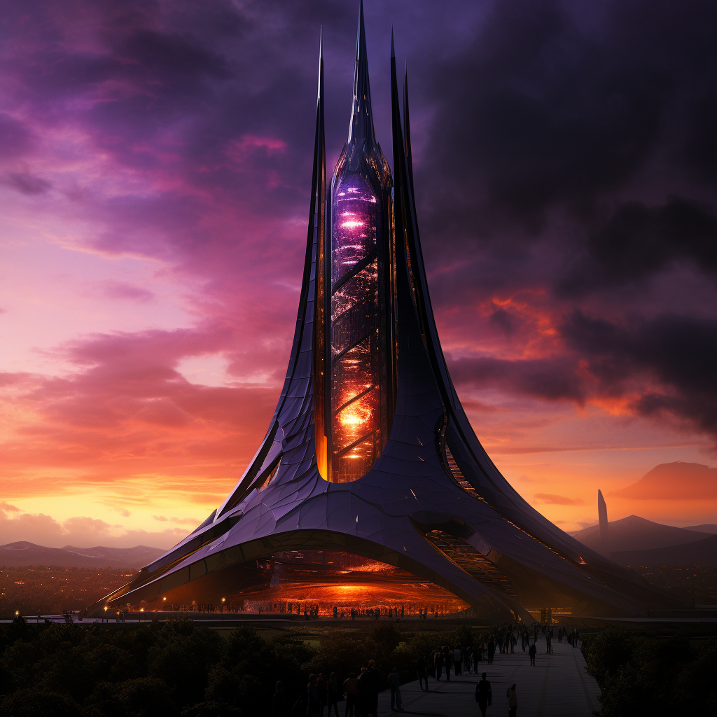 Futuristic Black Glass Building with Purple Eye