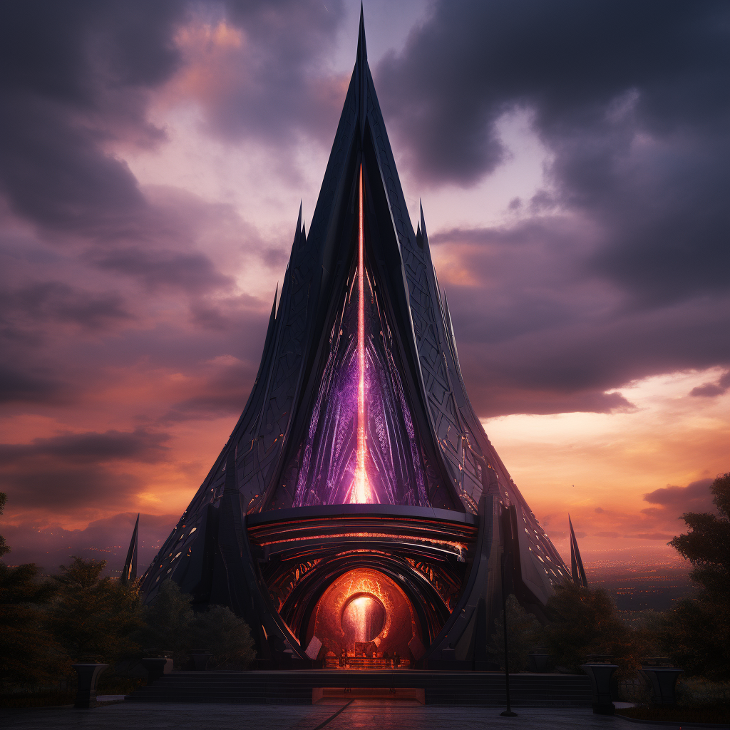 Futuristic black glass tower with purple eye