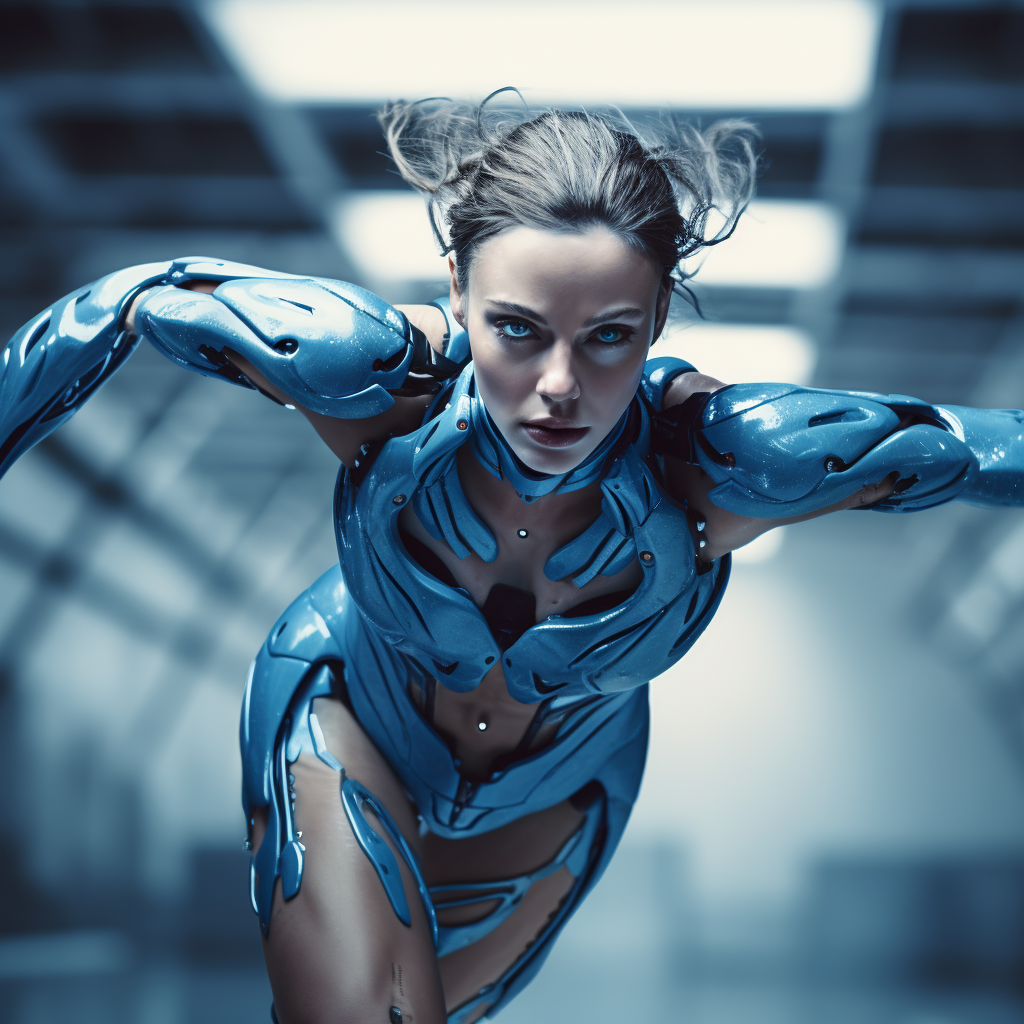 Futuristic blue robot woman in attack pose