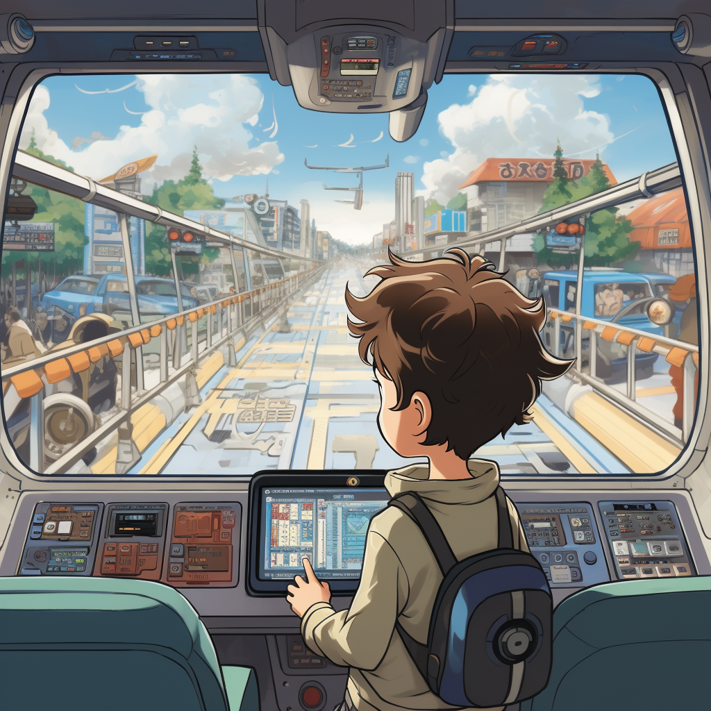 Tim in futuristic bus with animated character 'ハル'