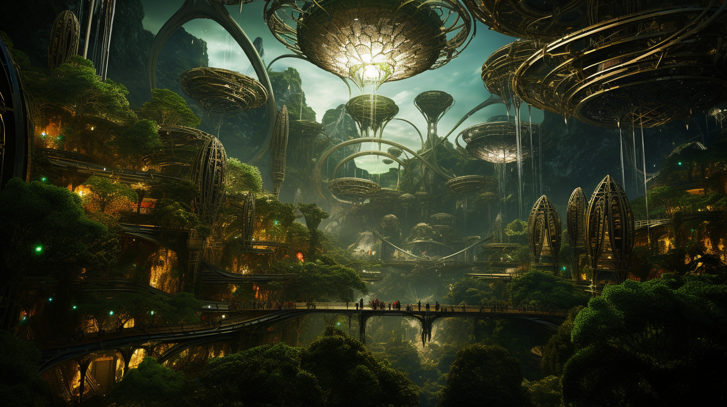 Aerial view of futuristic Byzantium's floating gardens