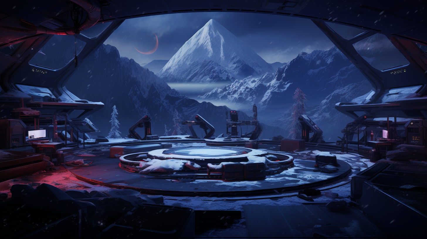 Futuristic cabin on snowy mountain at night