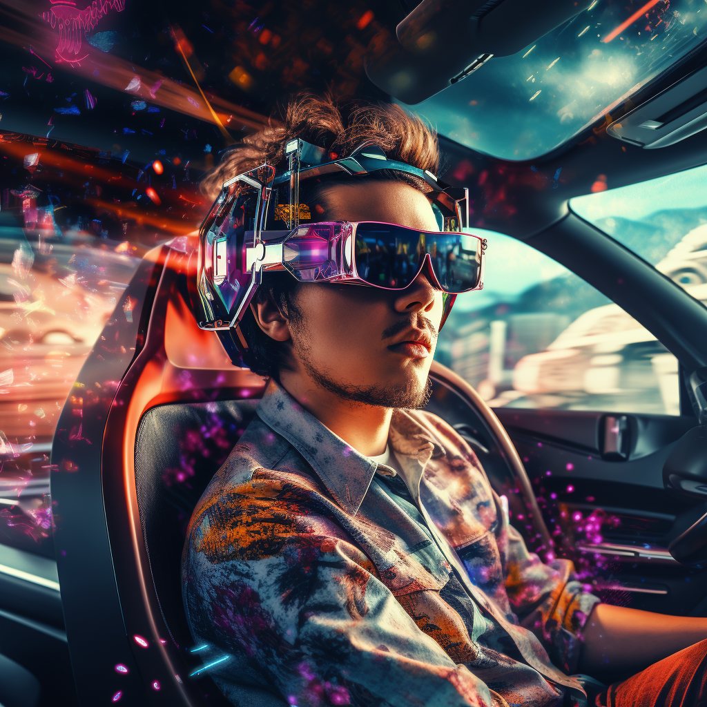 Person driving futuristic car with colorful cybernetic glasses