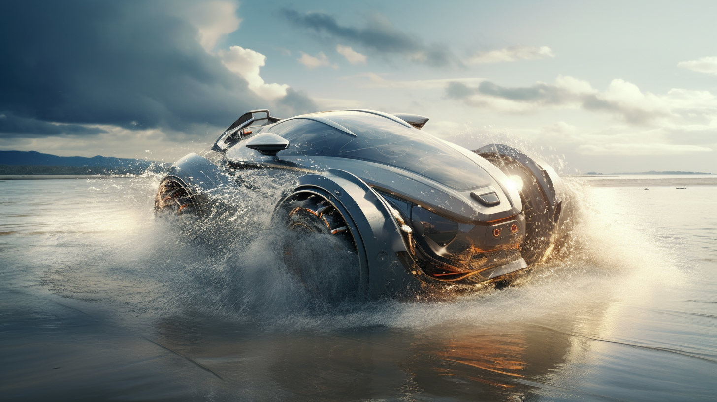 Futuristic car falling in sea