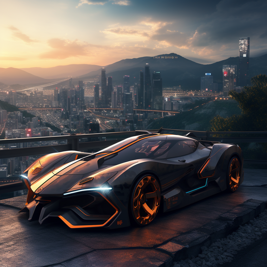 Futuristic car on mountain ledge with cyberpunk skyline