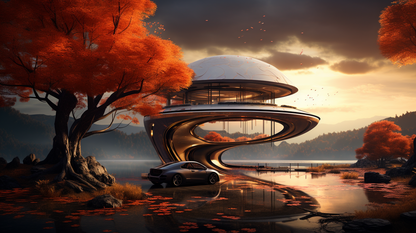 Futuristic Car Repair Shop in Autumn with Sunset