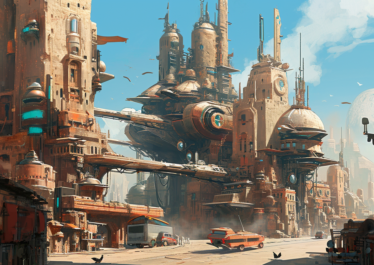 Futuristic city with brick buildings illustration